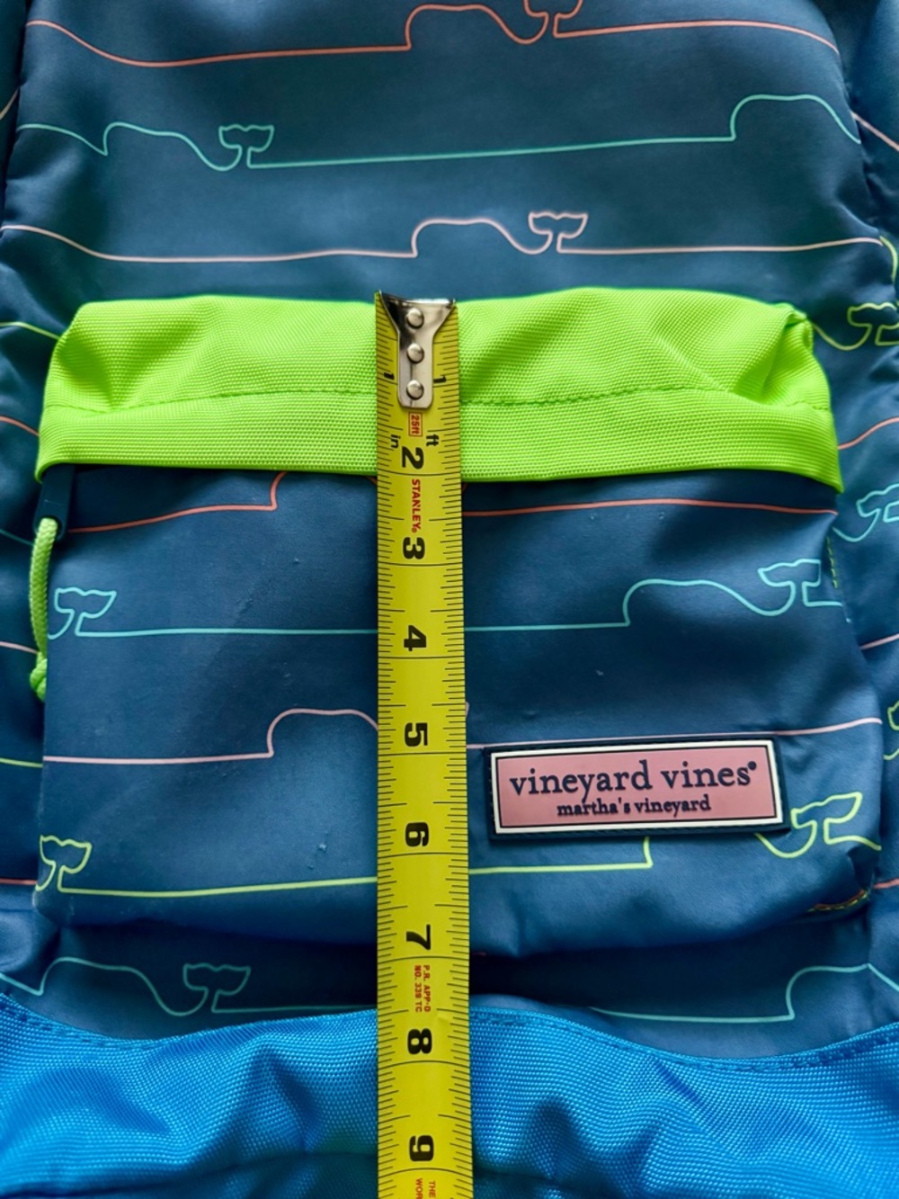 Vineyard Vines Kids School Daycare Backpack Bookbag Neon Green Whale Blue Lines - Picture 13 of 15
